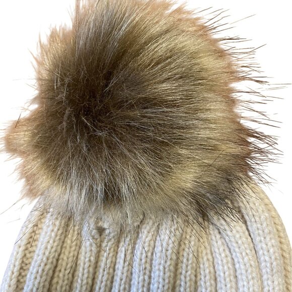 Winter Womens Stretch Knit Beanie Hat Faux Fur Pom Pom Beige Warm Ribbed Fold - Picture 3 of 5